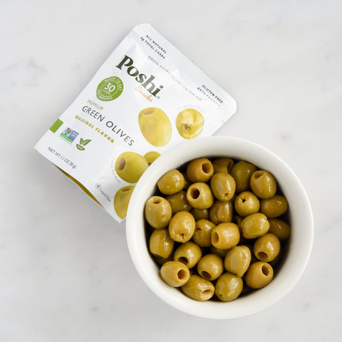 Poshi Green Pitted Olives Snack Pack On-The-Go | Original Flavor - 10 Pack (1.1 OZ/Pouch)