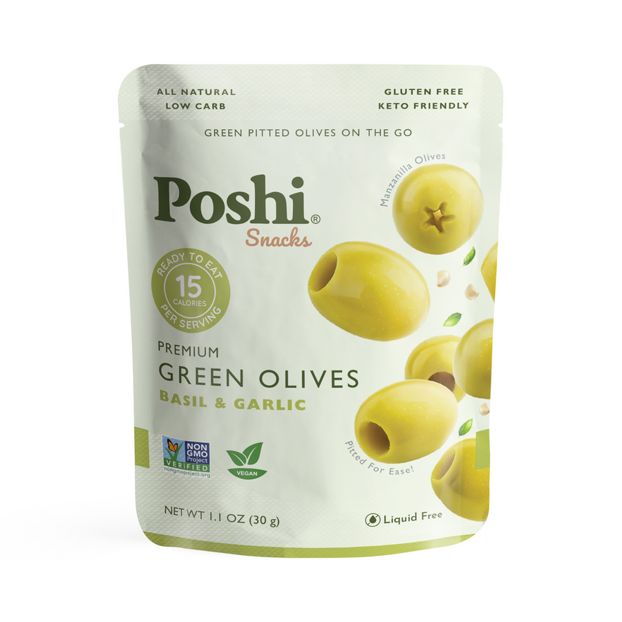 Pitted Green Olives With Basil & Garlic - 10 Snack Packs (1.1 OZ/Pouch)